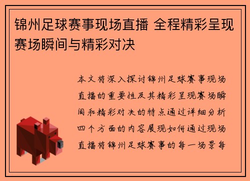 锦州足球赛事现场直播 全程精彩呈现赛场瞬间与精彩对决